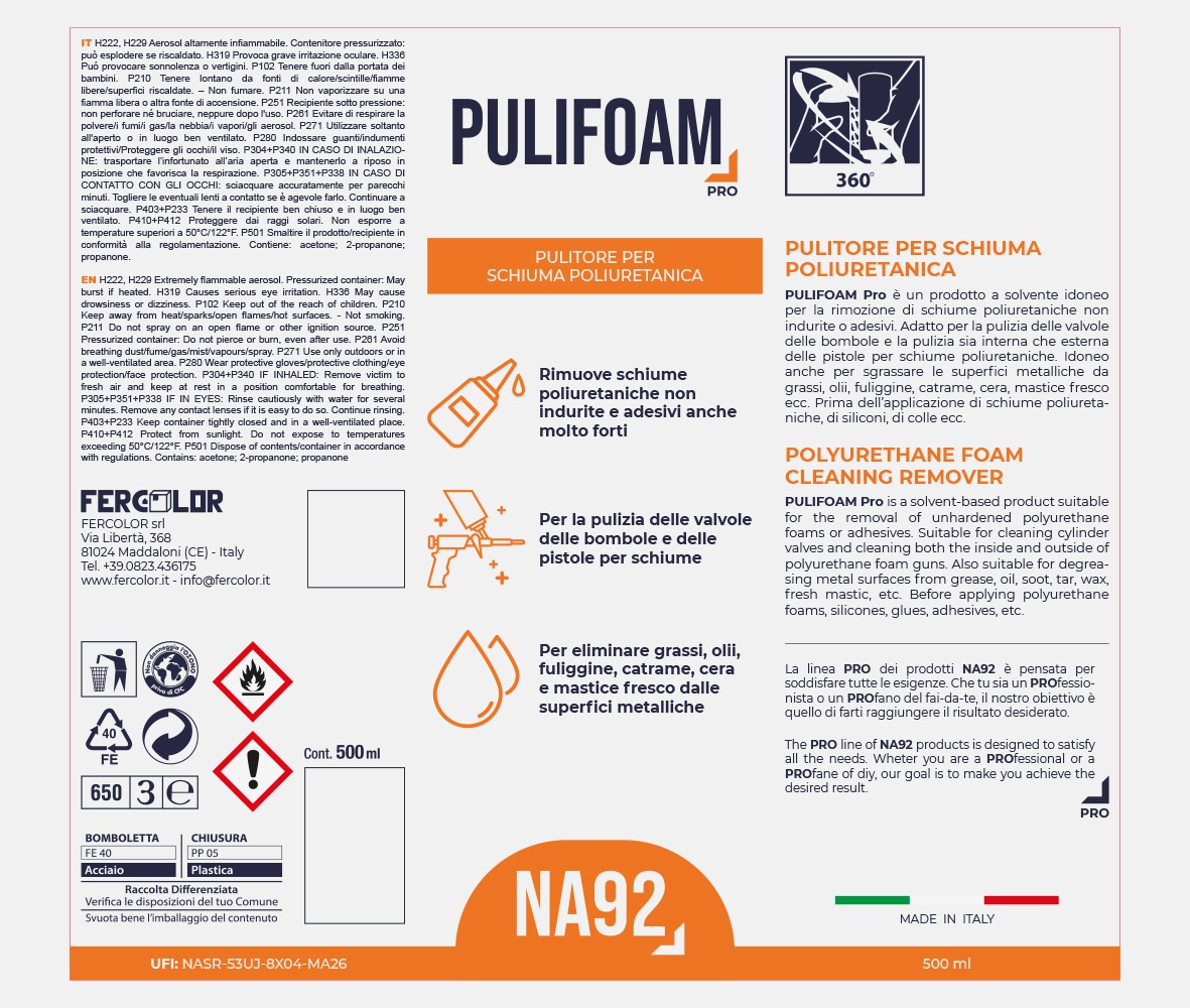 Pulitore per Schiuma Poliuretanica NA92 PULIFOAM ML.500 - A Base di Acetone